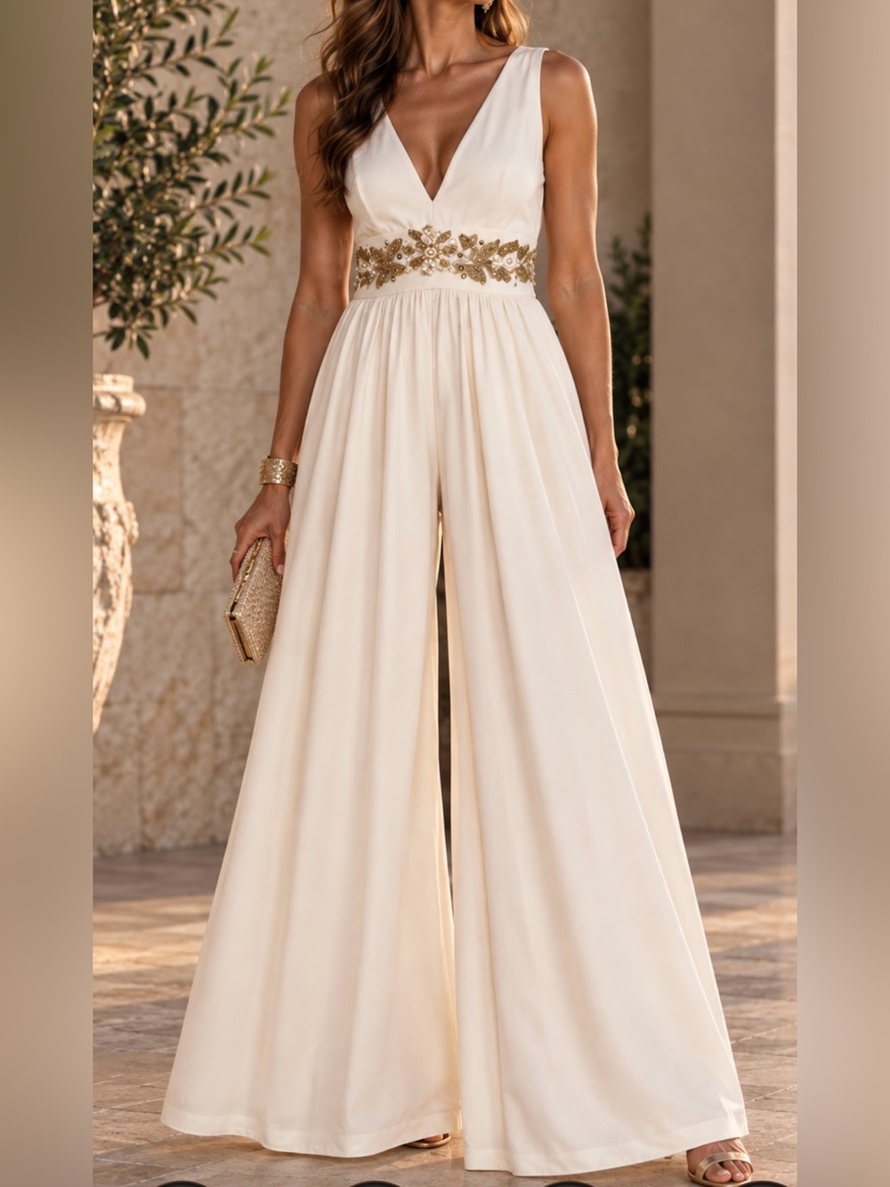 Elegant Cream Wide-Leg Jumpsuit with Gold Embellished Waistband